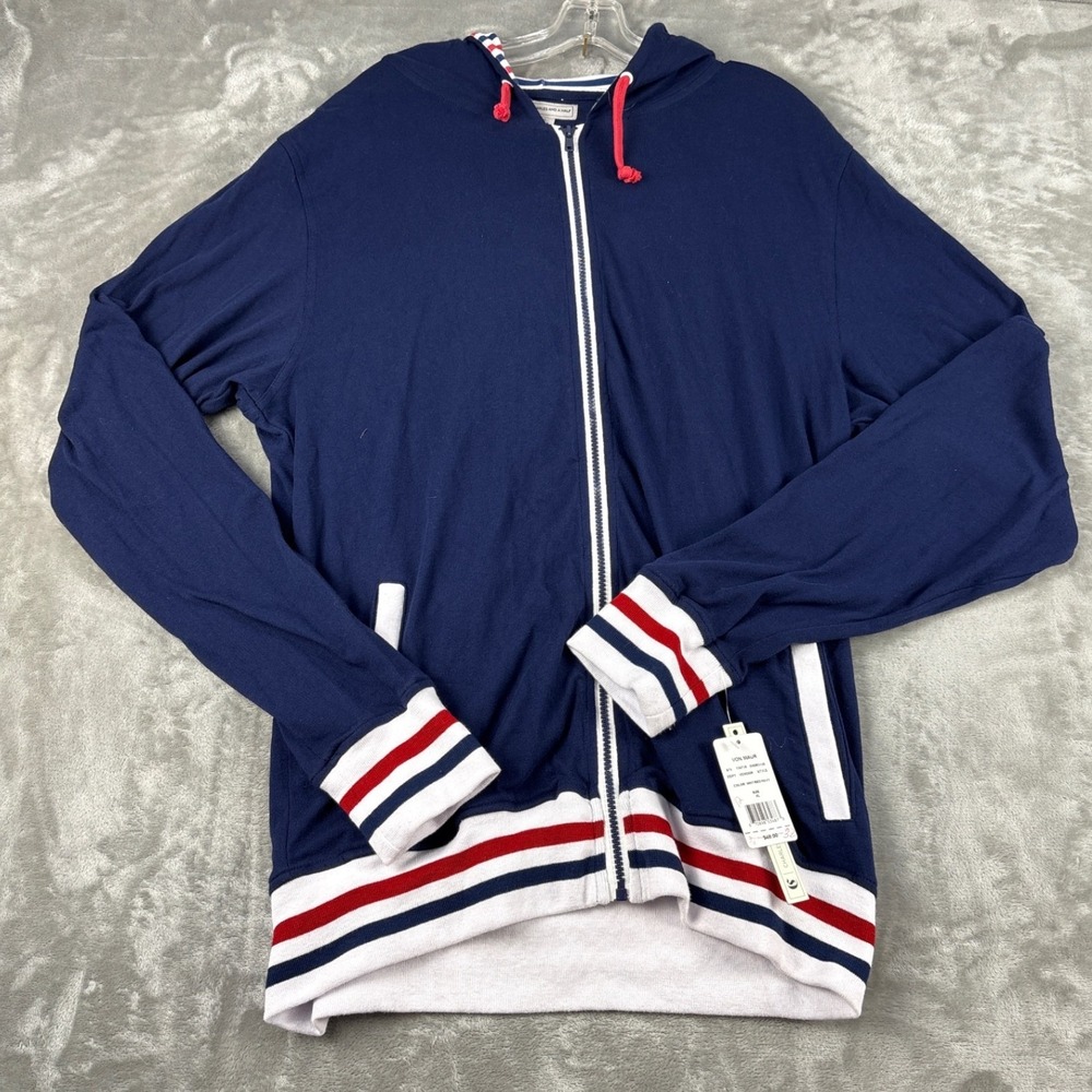Charles and a Half Mens XL Navy Blue Striped Full Zip Hoodie Nautical NWT